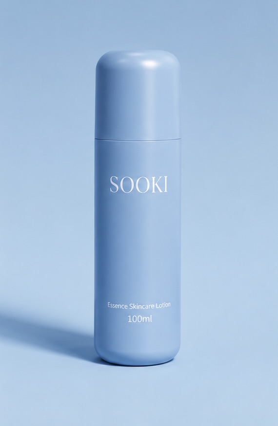 Frosted pale blue Sooki milky toner bottle on a travertine slab beside a ceramic vase