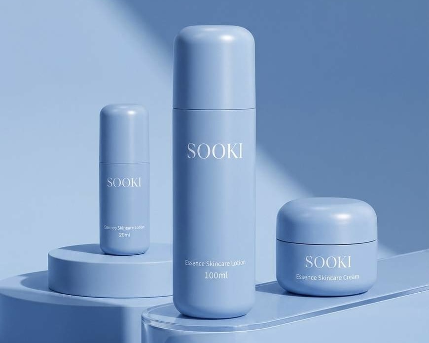 Sooki essence skincare lotion and cream set on blue podiums